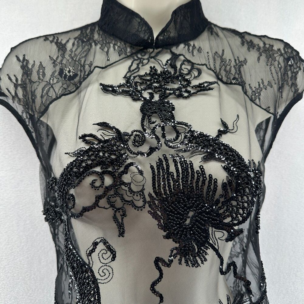 Kim Shui Beaded Dragon Lace Top Size M Black Sheer Mesh Y2K Style Open Back Tie - Picture 7 of 16